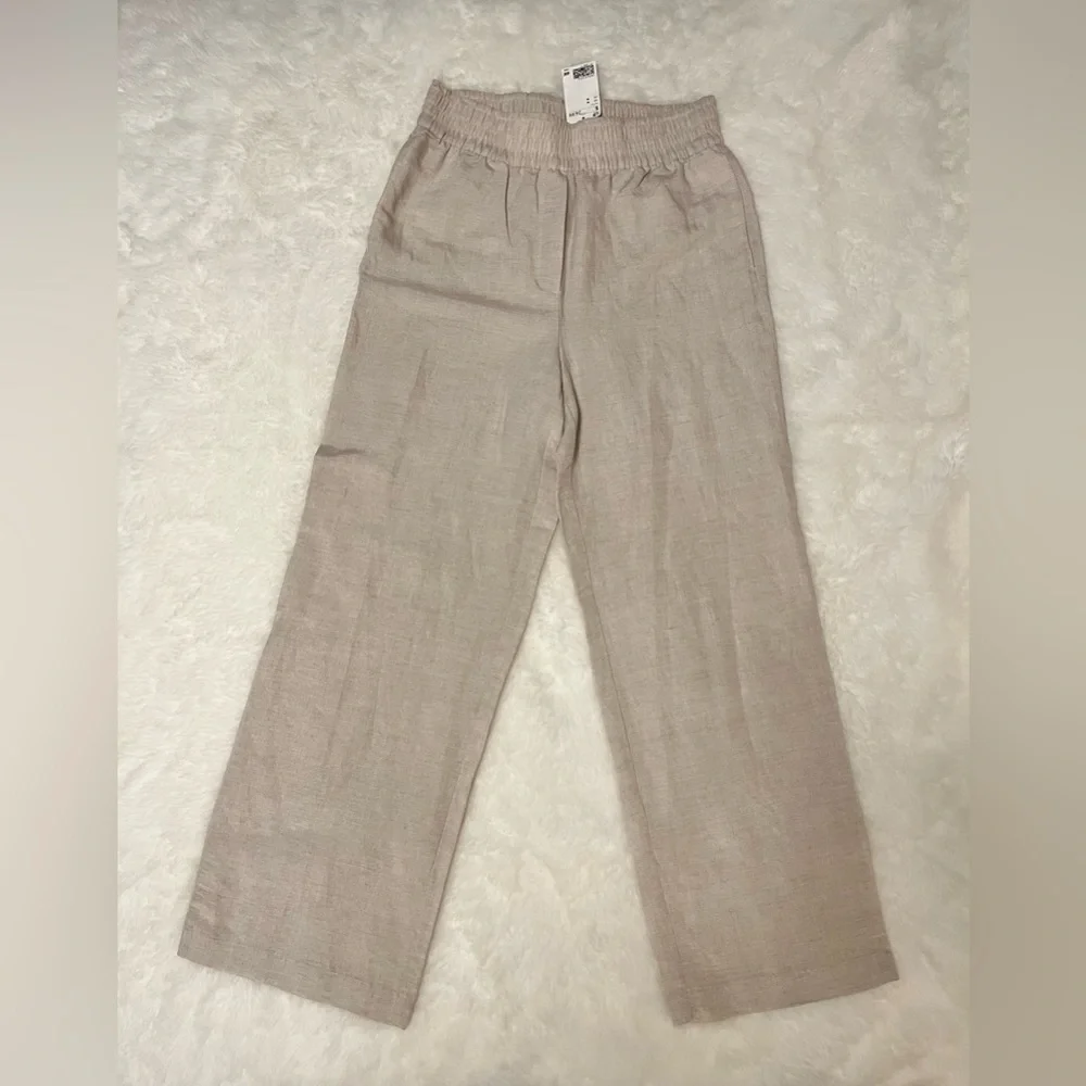 NWT H&M BEIGE KHAKI LINEN RAYON WIDE‎ LEG PANTS SIZE MEDIUM